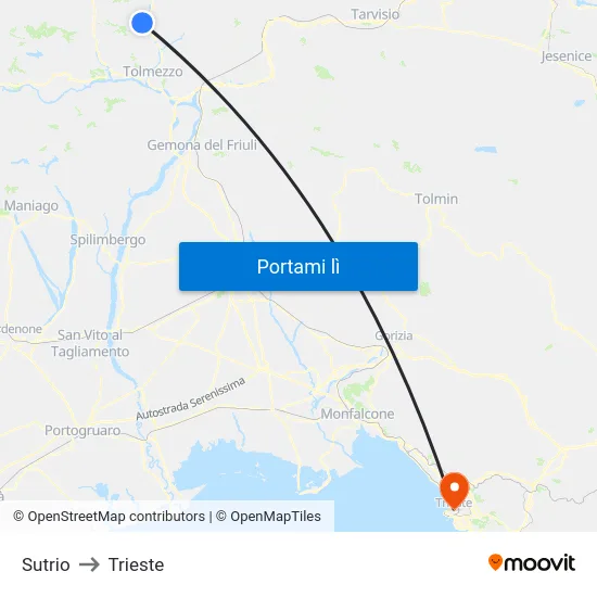 Sutrio to Trieste map