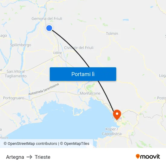 Artegna to Trieste map
