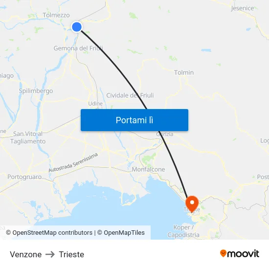 Venzone to Trieste map
