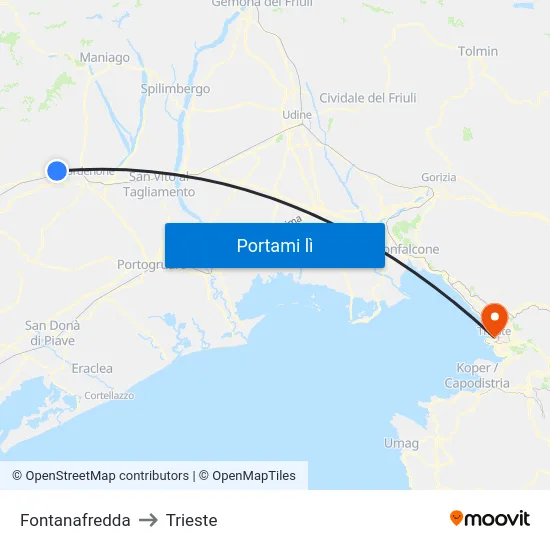 Fontanafredda to Trieste map