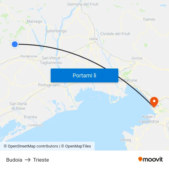 Budoia to Trieste map