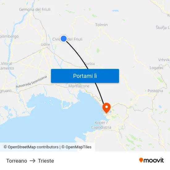 Torreano to Trieste map
