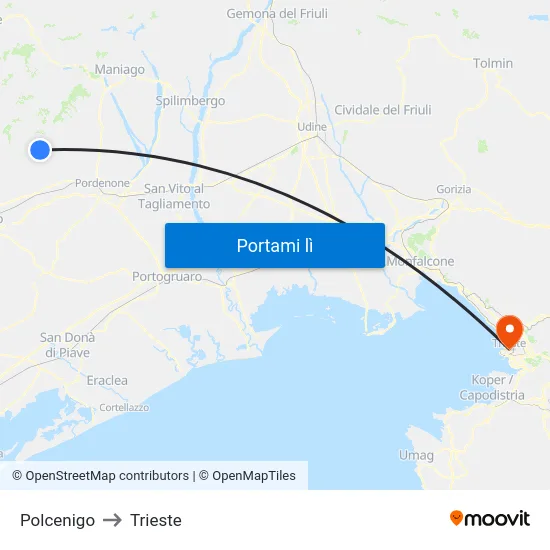 Polcenigo to Trieste map