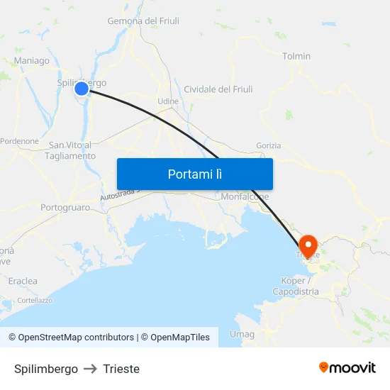 Spilimbergo to Trieste map