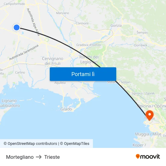 Mortegliano to Trieste map