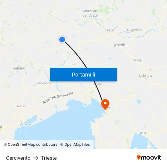 Cercivento to Trieste map