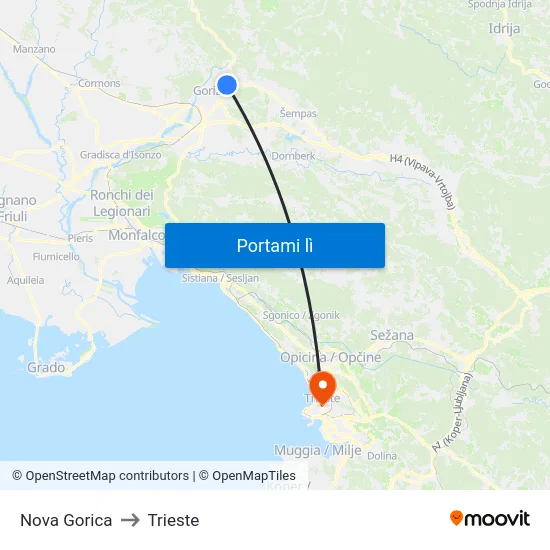 Nova Gorica to Trieste map