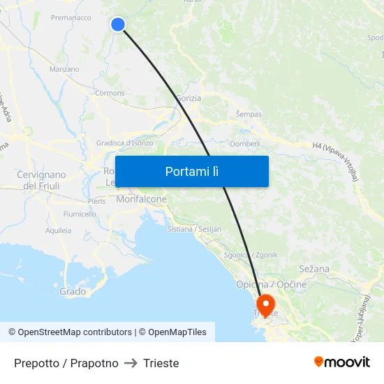 Prepotto / Prapotno to Trieste map