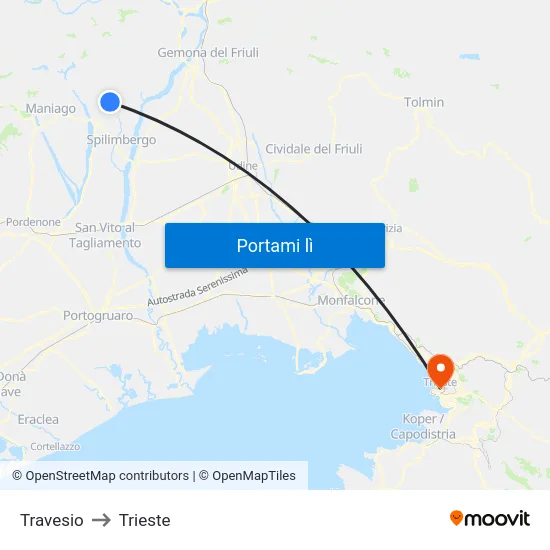 Travesio to Trieste map