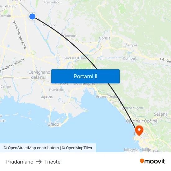 Pradamano to Trieste map
