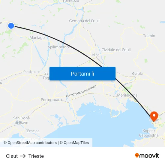 Claut to Trieste map