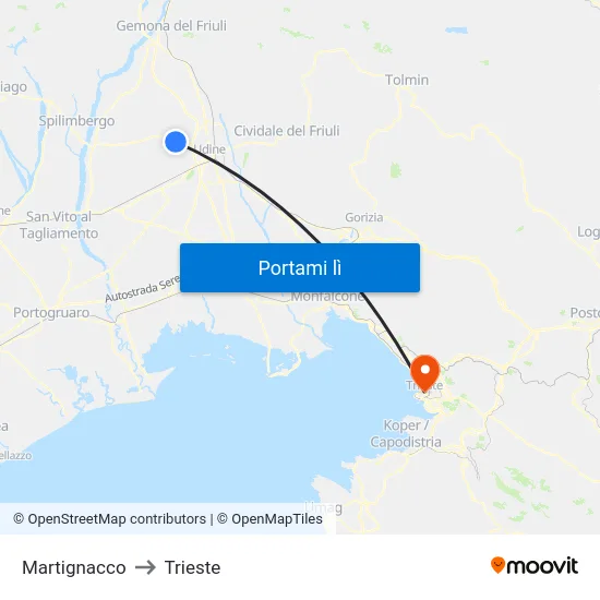 Martignacco to Trieste map