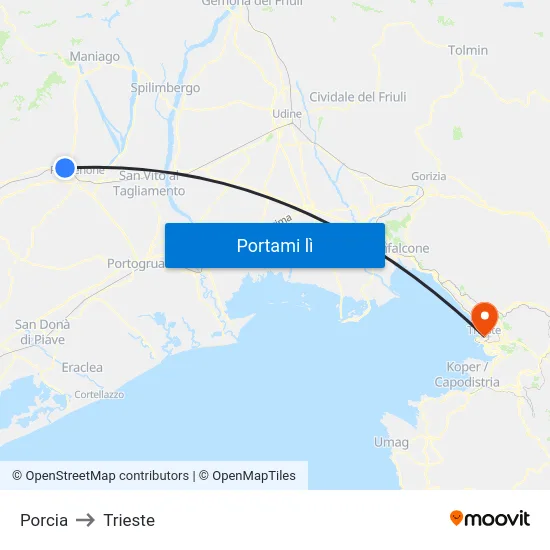 Porcia to Trieste map