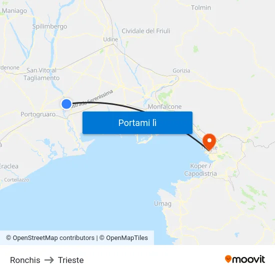 Ronchis to Trieste map