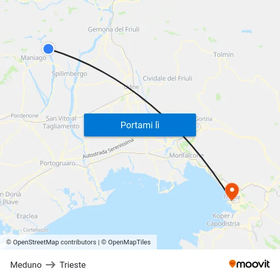 Meduno to Trieste map