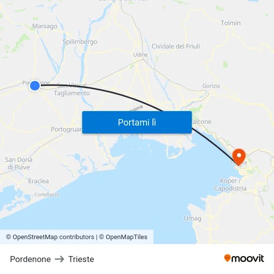 Pordenone to Trieste map