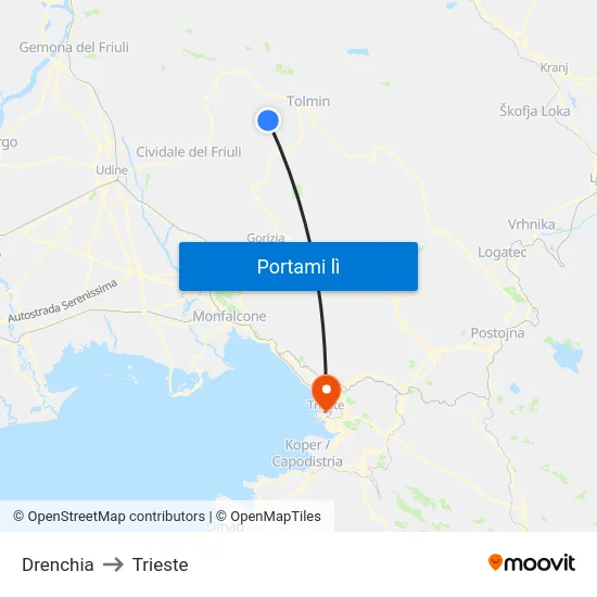 Drenchia to Trieste map