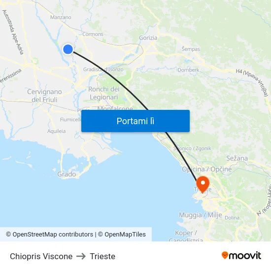 Chiopris Viscone to Trieste map