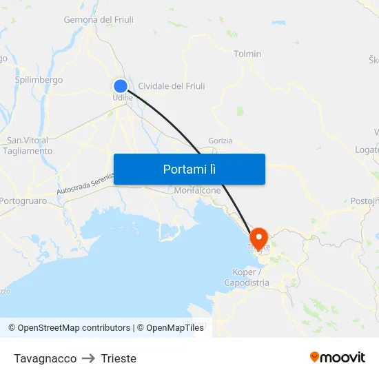 Tavagnacco to Trieste map