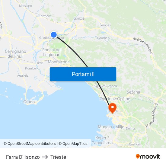 Farra D' Isonzo to Trieste map