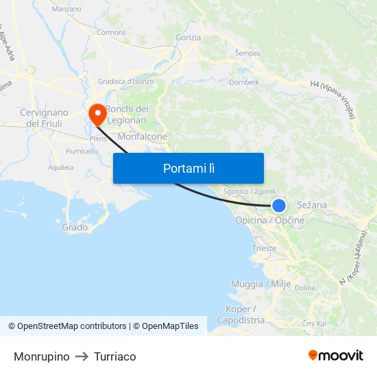 Monrupino to Turriaco map