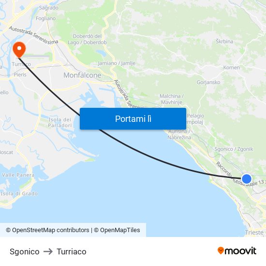 Sgonico to Turriaco map