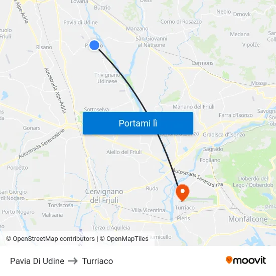 Pavia Di Udine to Turriaco map