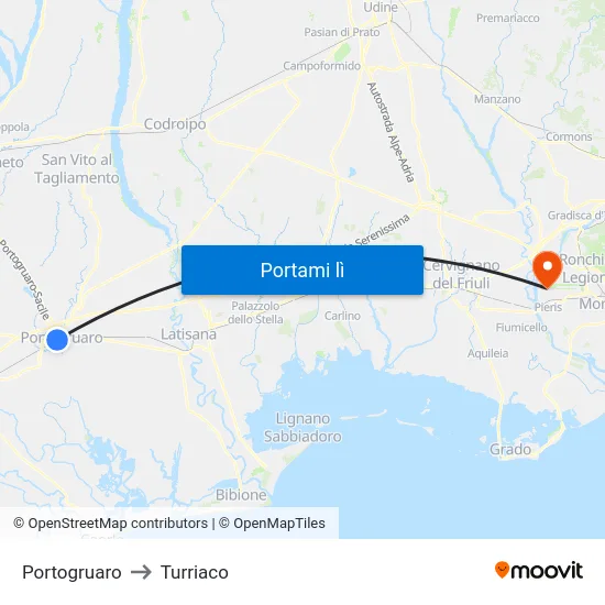 Portogruaro to Turriaco map