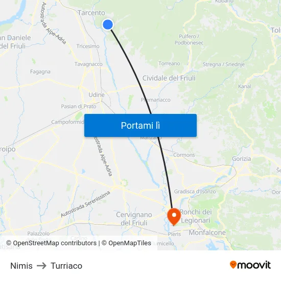 Nimis to Turriaco map