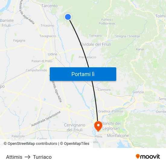 Attimis to Turriaco map