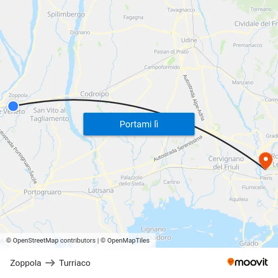 Zoppola to Turriaco map