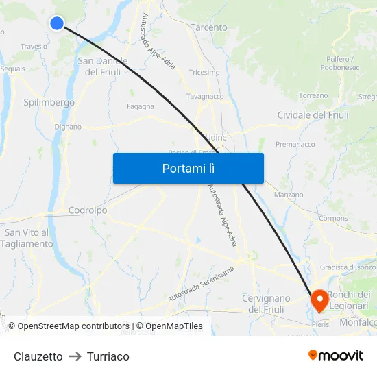 Clauzetto to Turriaco map