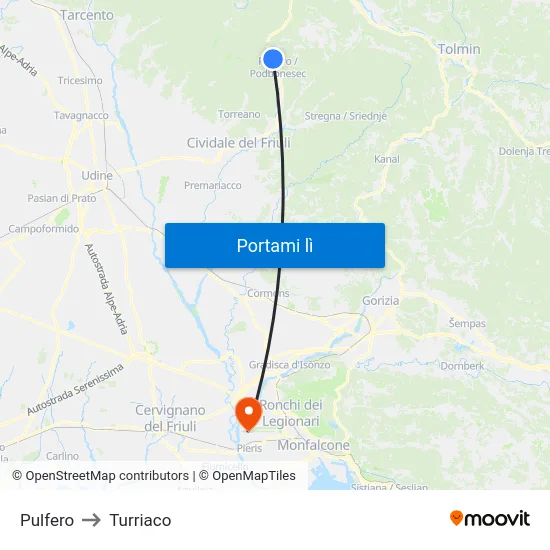 Pulfero to Turriaco map