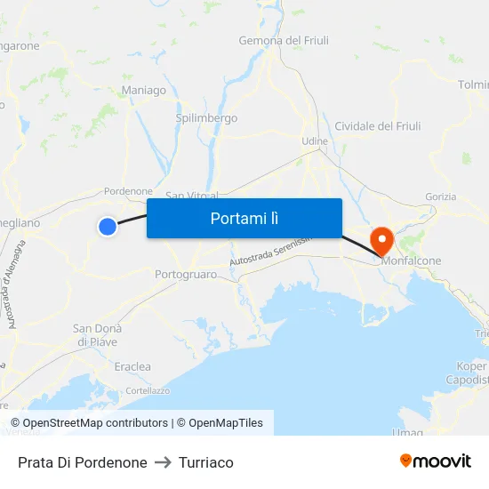 Prata Di Pordenone to Turriaco map