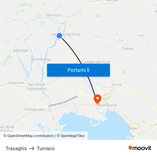Trasaghis to Turriaco map