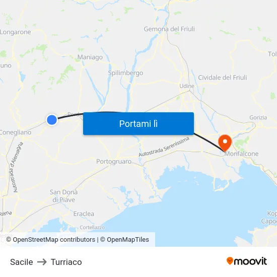 Sacile to Turriaco map