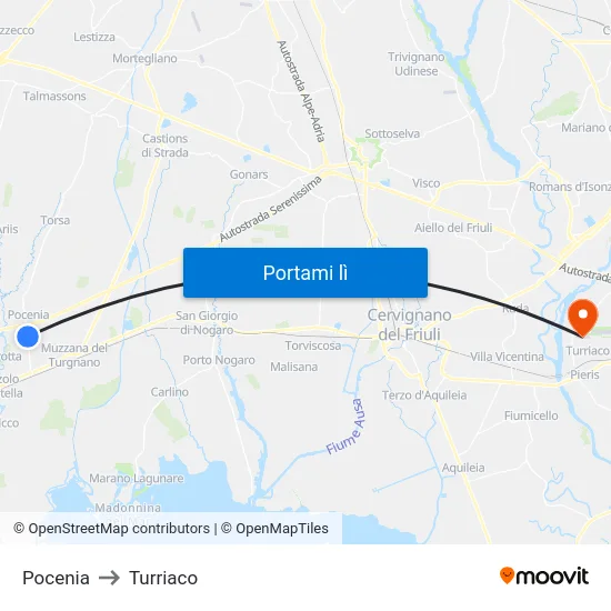 Pocenia to Turriaco map
