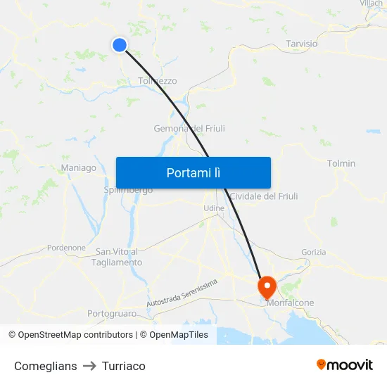Comeglians to Turriaco map