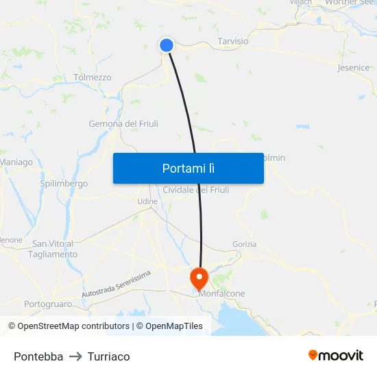 Pontebba to Turriaco map