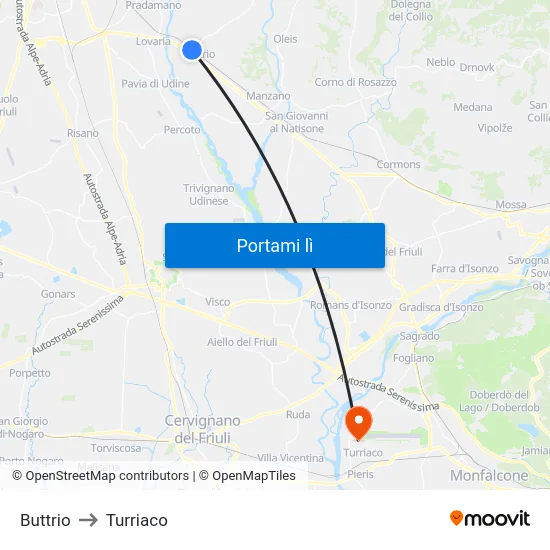 Buttrio to Turriaco map