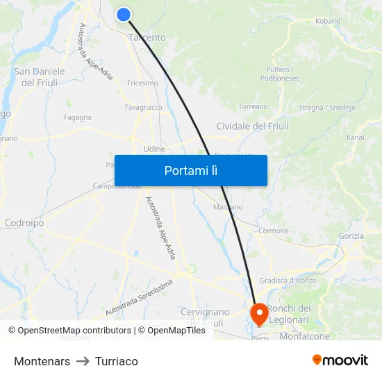 Montenars to Turriaco map