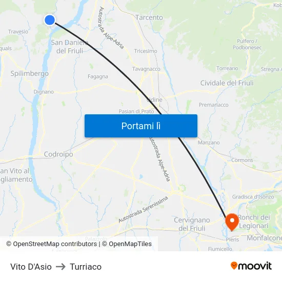Vito D'Asio to Turriaco map