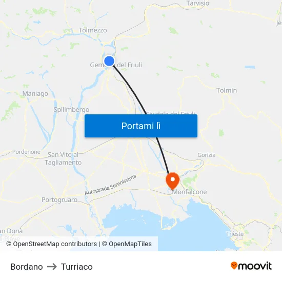 Bordano to Turriaco map
