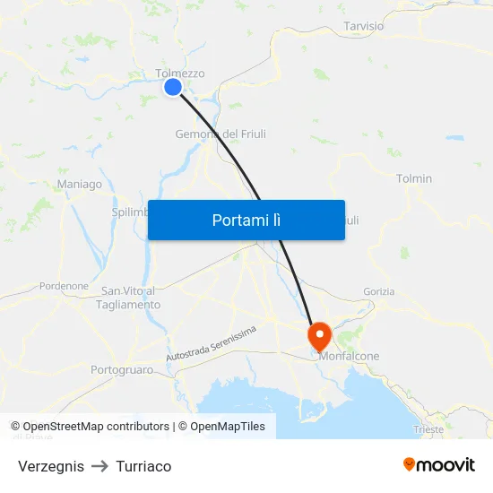 Verzegnis to Turriaco map