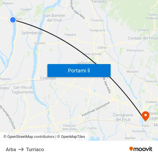 Arba to Turriaco map