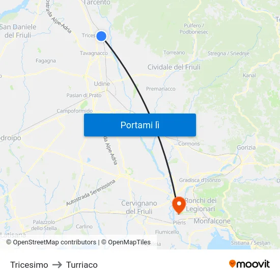 Tricesimo to Turriaco map