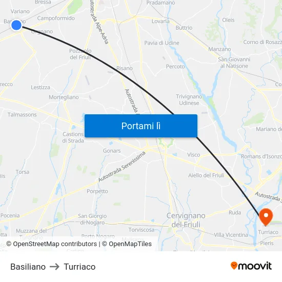 Basiliano to Turriaco map