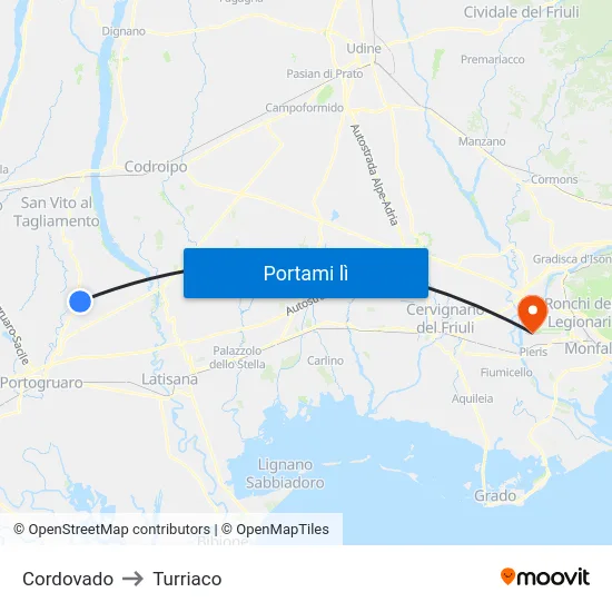 Cordovado to Turriaco map