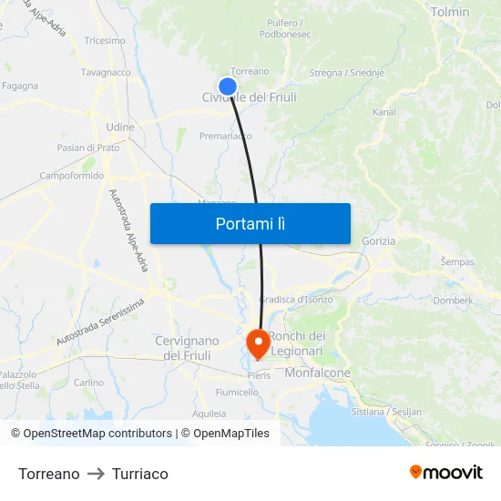Torreano to Turriaco map