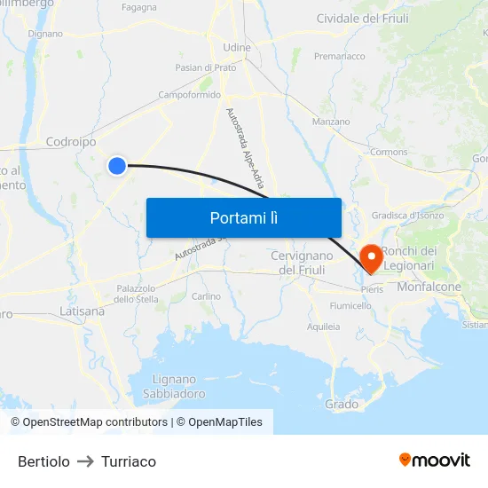 Bertiolo to Turriaco map